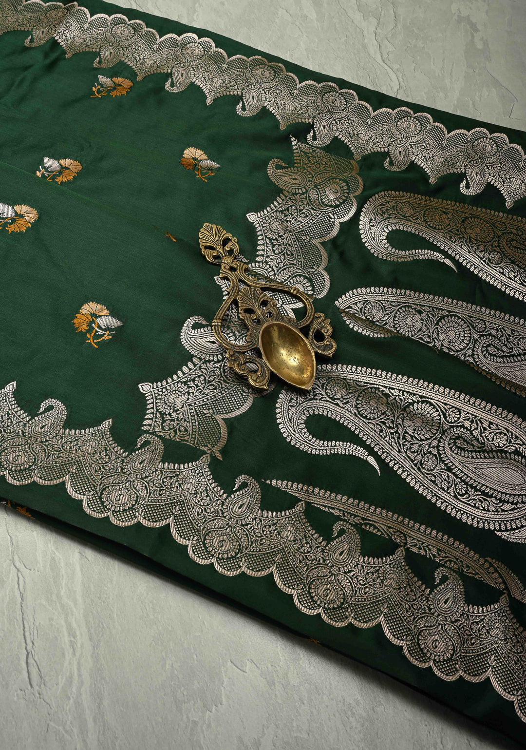Bottle Green Banarasi Semi Mashru Silk Saree with Meenakari Floral Buttas and Silver Scallop Border