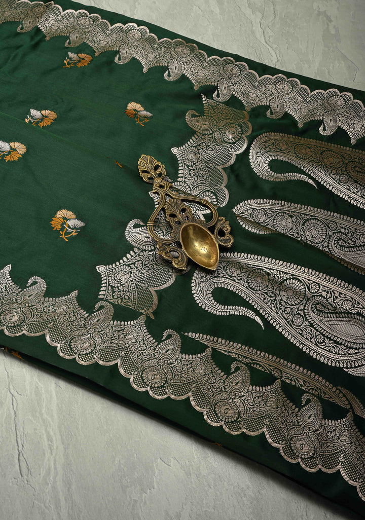 Bottle Green Banarasi Semi Mashru Silk Saree with Meenakari Floral Buttas and Silver Scallop Border