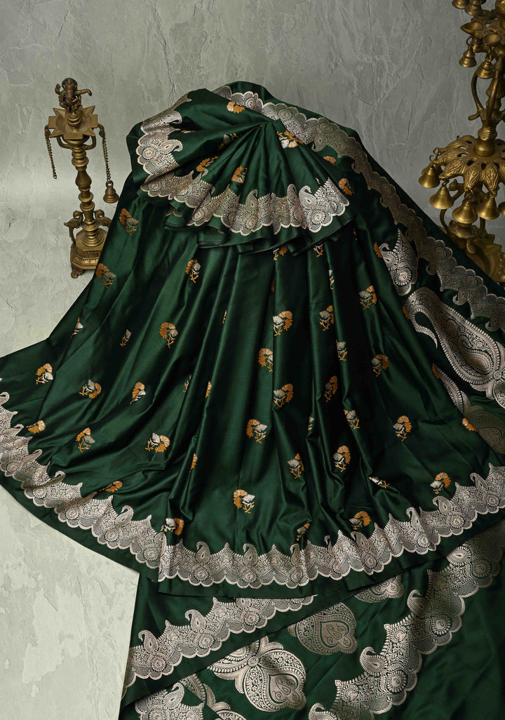 Bottle Green Banarasi Semi Mashru Silk Saree with Meenakari Floral Buttas and Silver Scallop Border