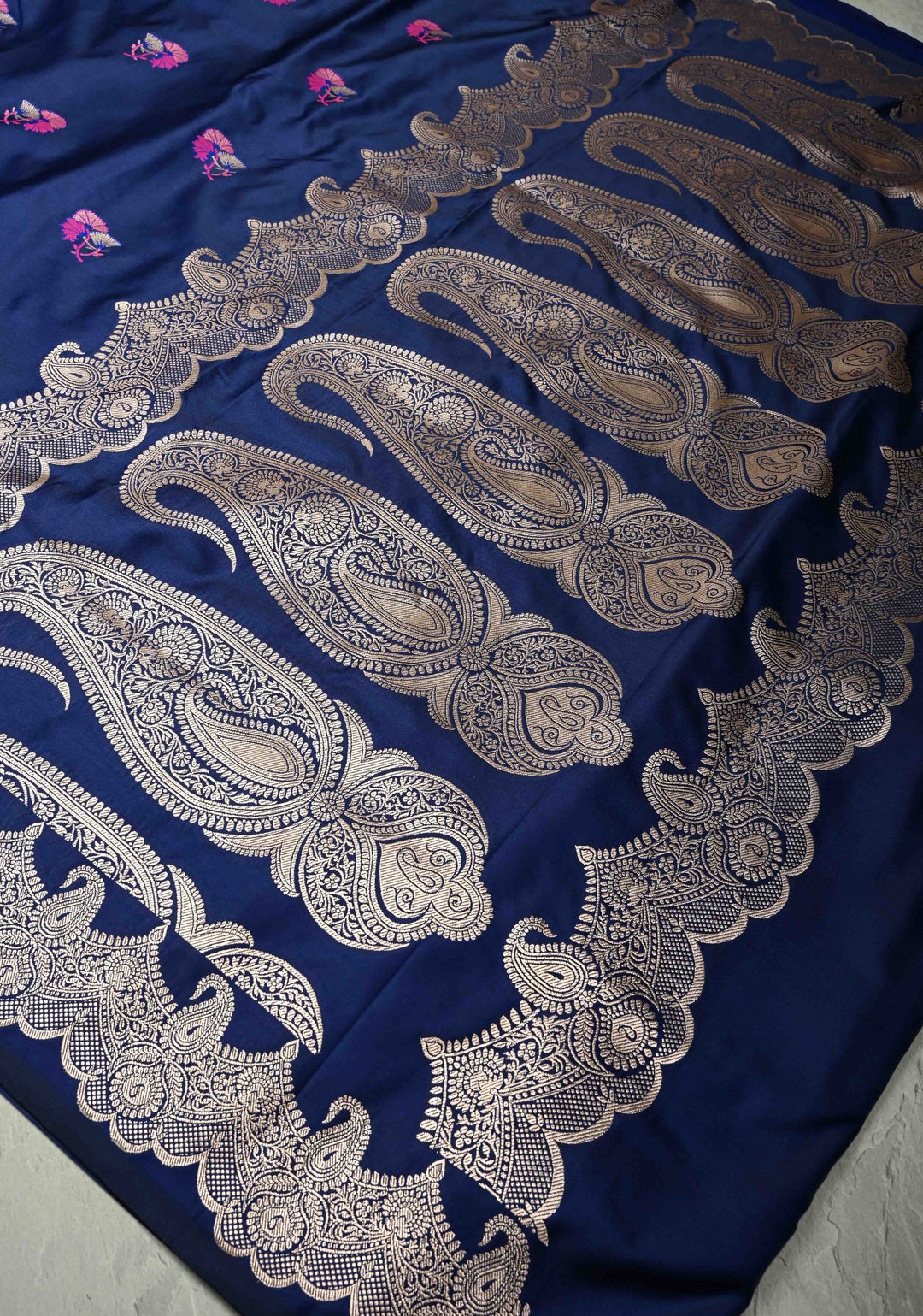 Royal Blue Banarasi Semi Mashru Silk Saree with Meenakari Floral Buttas and Silver Scallop Border