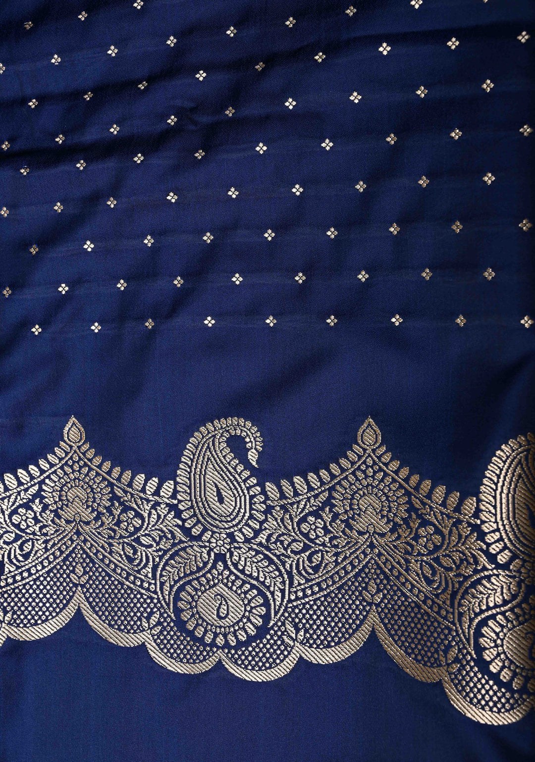 Royal Blue Banarasi Semi Mashru Silk Saree with Meenakari Floral Buttas and Silver Scallop Border
