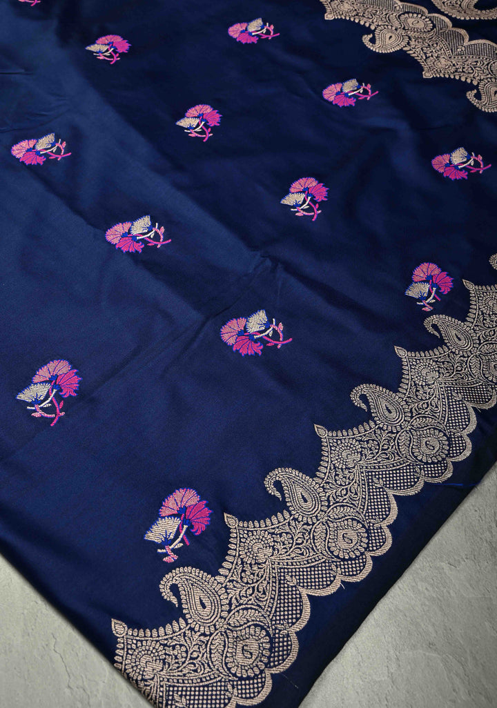 Royal Blue Banarasi Semi Mashru Silk Saree with Meenakari Floral Buttas and Silver Scallop Border