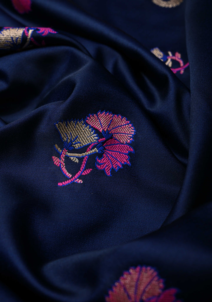 Royal Blue Banarasi Semi Mashru Silk Saree with Meenakari Floral Buttas and Silver Scallop Border