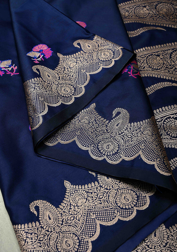 Royal Blue Banarasi Semi Mashru Silk Saree with Meenakari Floral Buttas and Silver Scallop Border