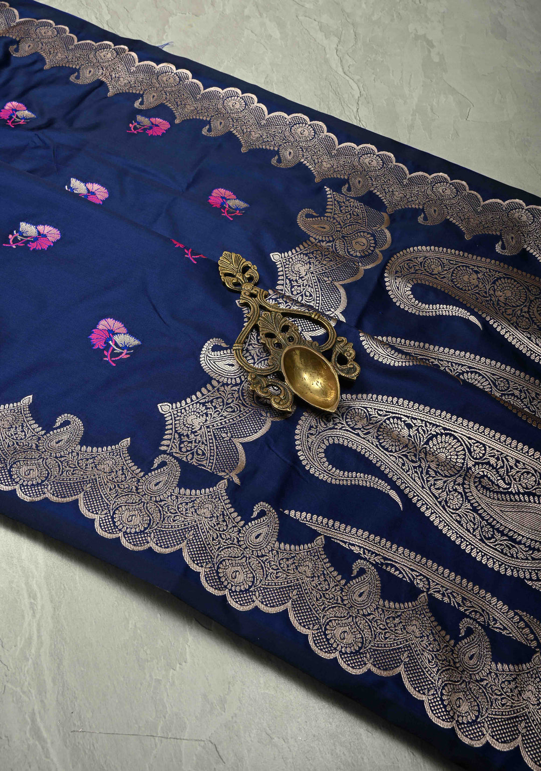 Royal Blue Banarasi Semi Mashru Silk Saree with Meenakari Floral Buttas and Silver Scallop Border
