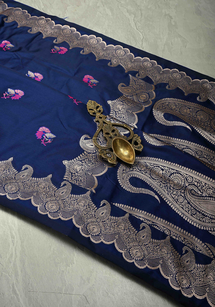 Royal Blue Banarasi Semi Mashru Silk Saree with Meenakari Floral Buttas and Silver Scallop Border