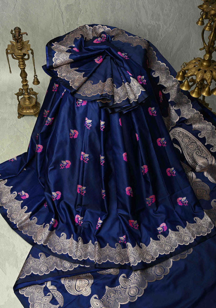 Royal Blue Banarasi Semi Mashru Silk Saree with Meenakari Floral Buttas and Silver Scallop Border