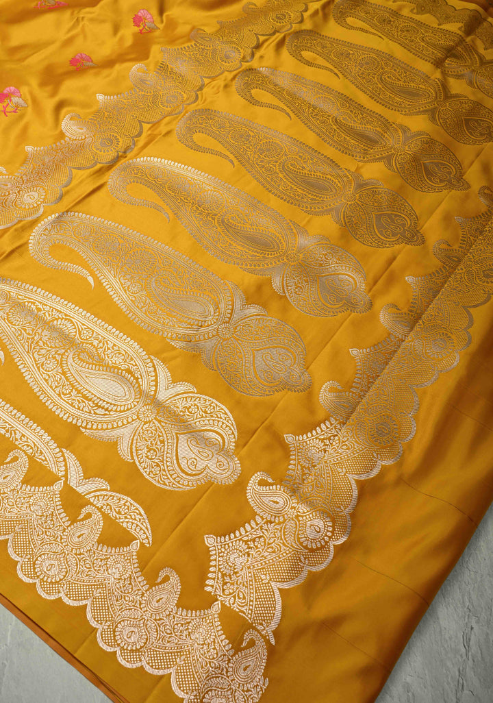 Musturd Yellow Banarasi Semi Mashru Silk Saree with Meenakari Floral Buttas and Silver Scallop Border