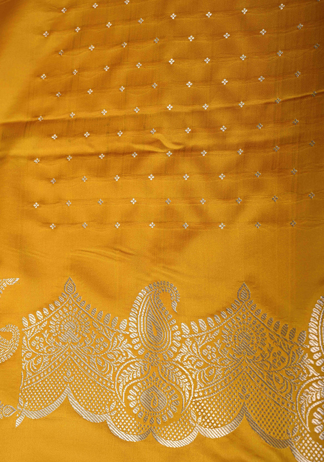 Musturd Yellow Banarasi Semi Mashru Silk Saree with Meenakari Floral Buttas and Silver Scallop Border