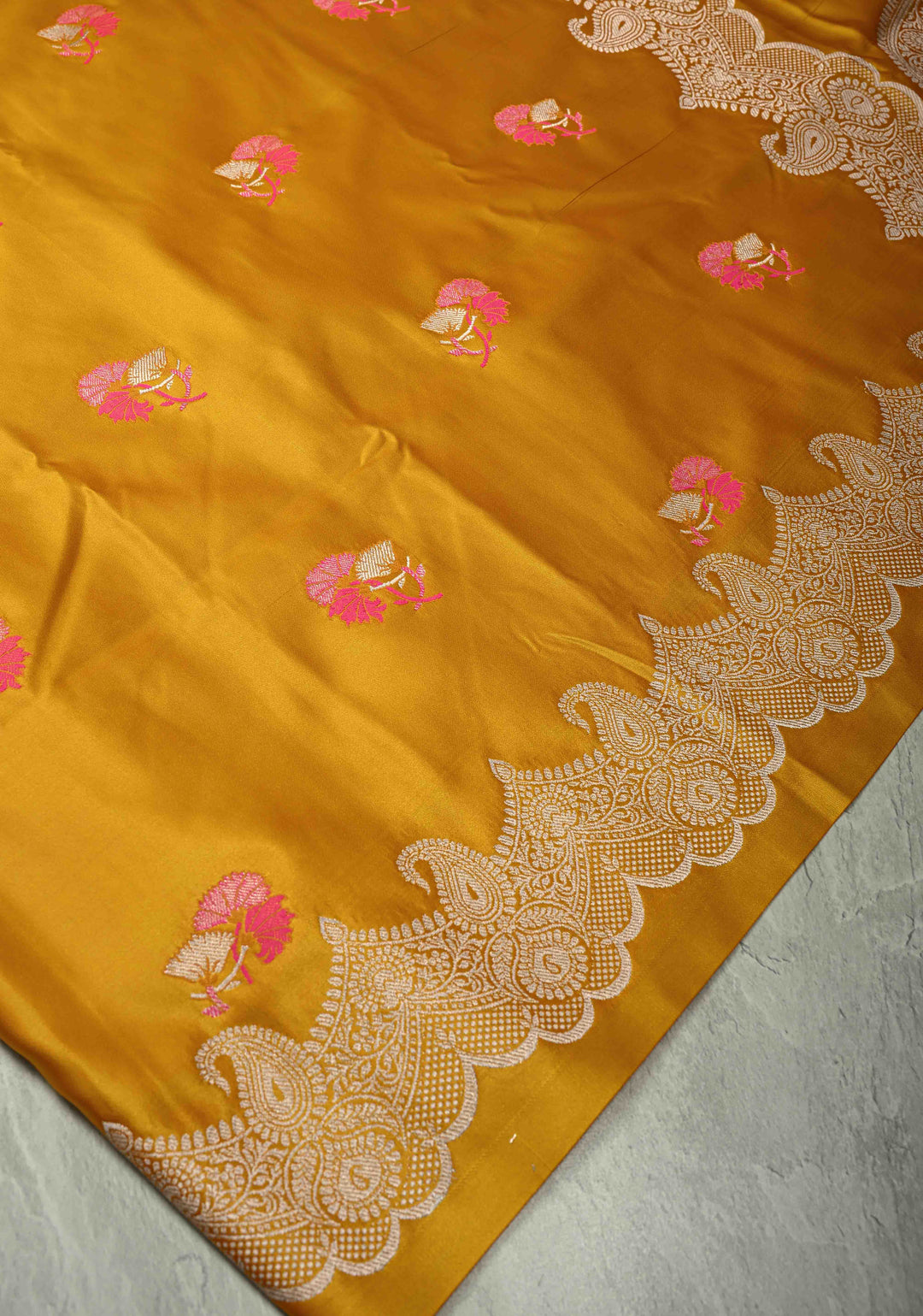 Musturd Yellow Banarasi Semi Mashru Silk Saree with Meenakari Floral Buttas and Silver Scallop Border