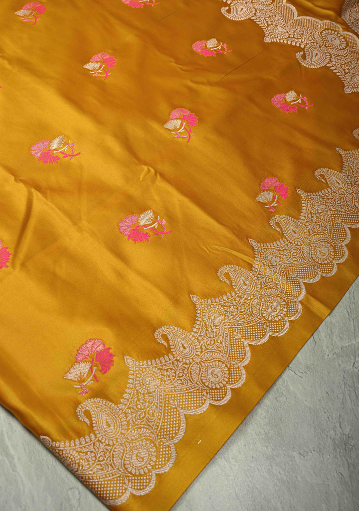 Musturd Yellow Banarasi Semi Mashru Silk Saree with Meenakari Floral Buttas and Silver Scallop Border