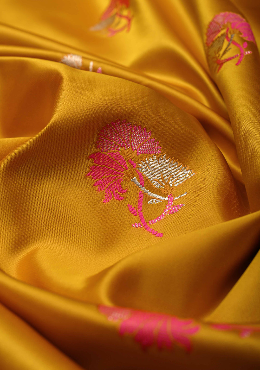 Musturd Yellow Banarasi Semi Mashru Silk Saree with Meenakari Floral Buttas and Silver Scallop Border