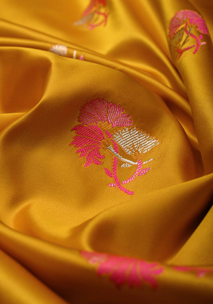 Musturd Yellow Banarasi Semi Mashru Silk Saree with Meenakari Floral Buttas and Silver Scallop Border