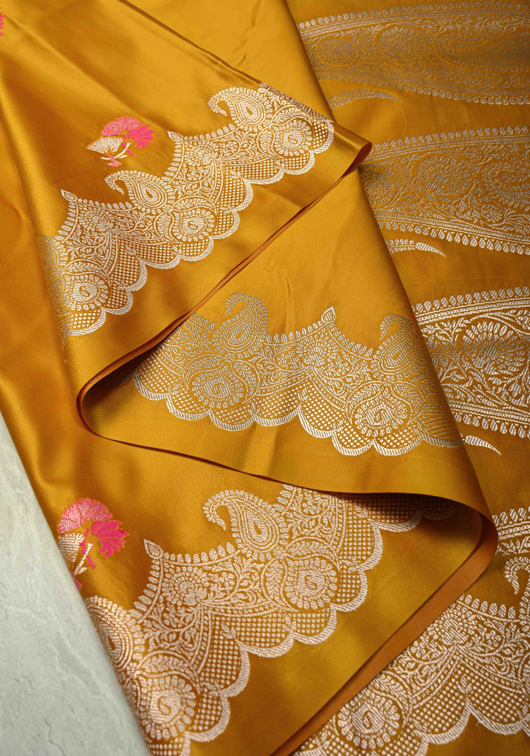 Musturd Yellow Banarasi Semi Mashru Silk Saree with Meenakari Floral Buttas and Silver Scallop Border