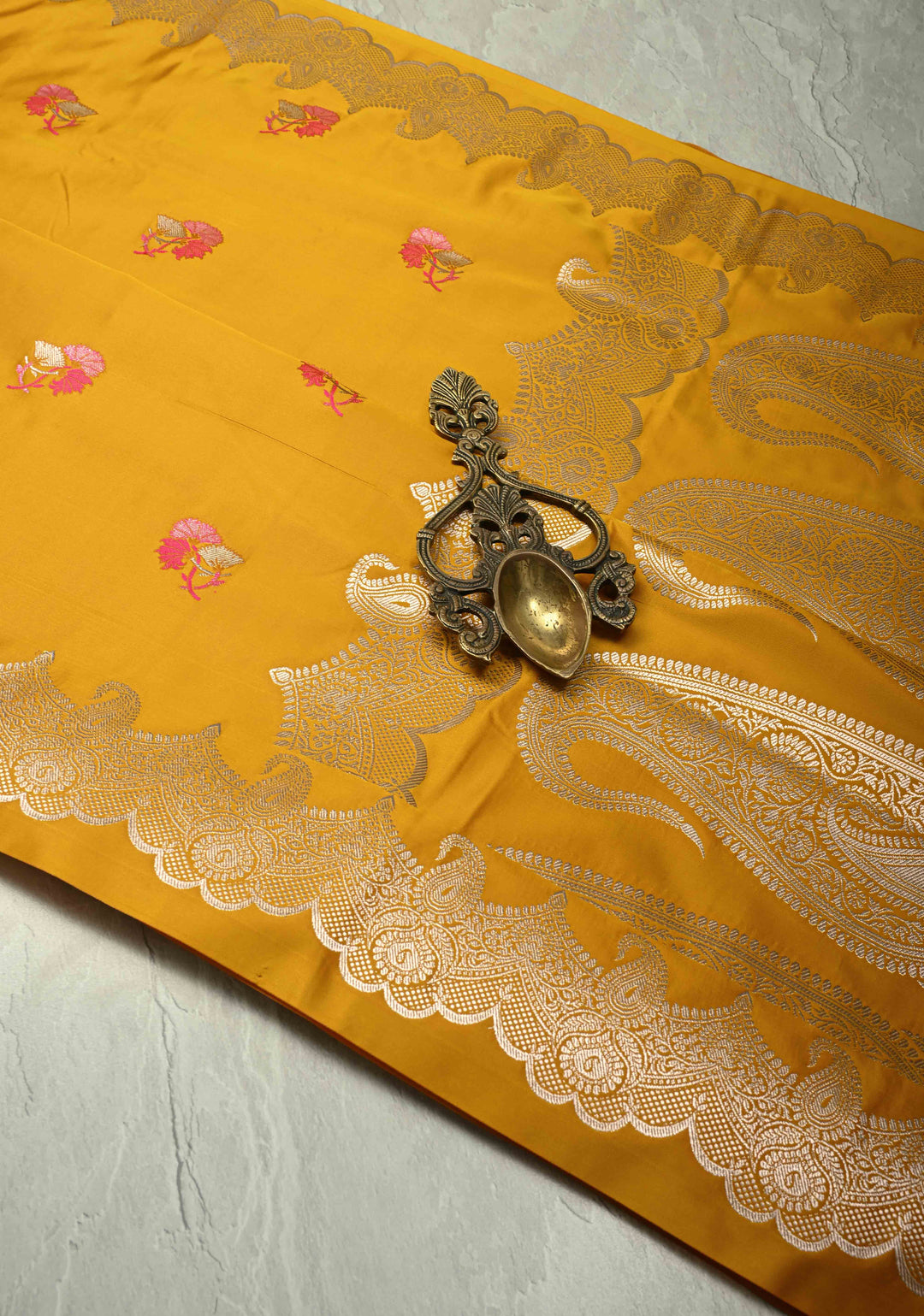 Musturd Yellow Banarasi Semi Mashru Silk Saree with Meenakari Floral Buttas and Silver Scallop Border