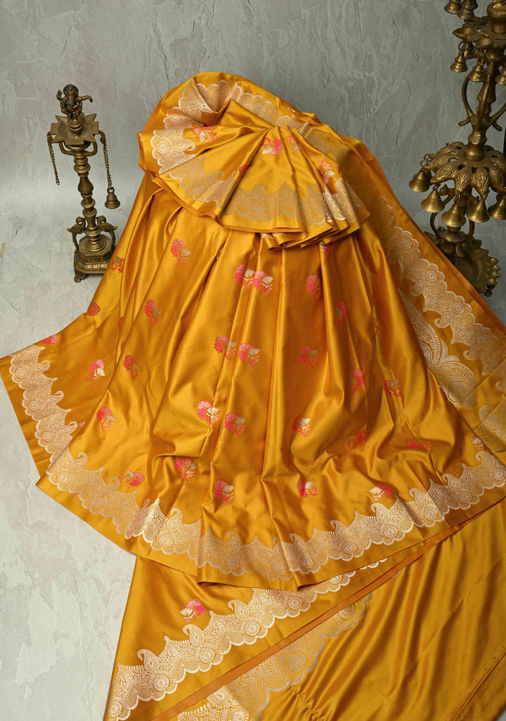Musturd Yellow Banarasi Semi Mashru Silk Saree with Meenakari Floral Buttas and Silver Scallop Border