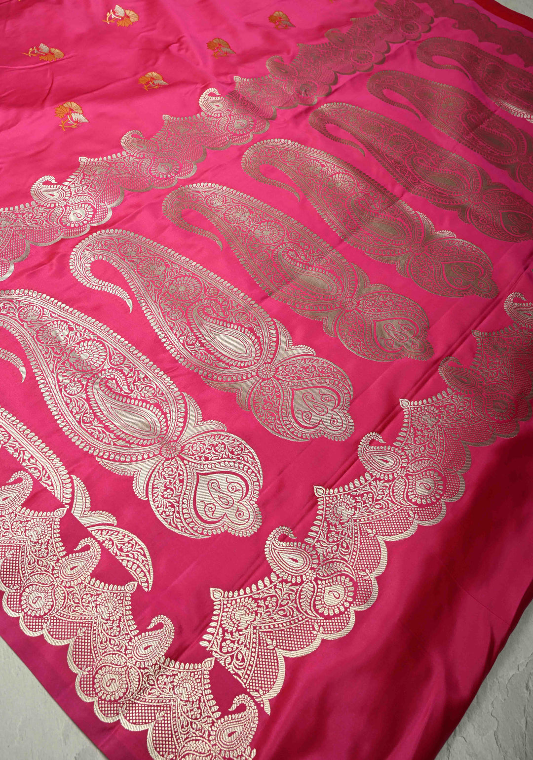 Hot Pink Banarasi Semi Mashru Silk Saree with Meenakari Zari Buttas and Floral Scallop Zari Border