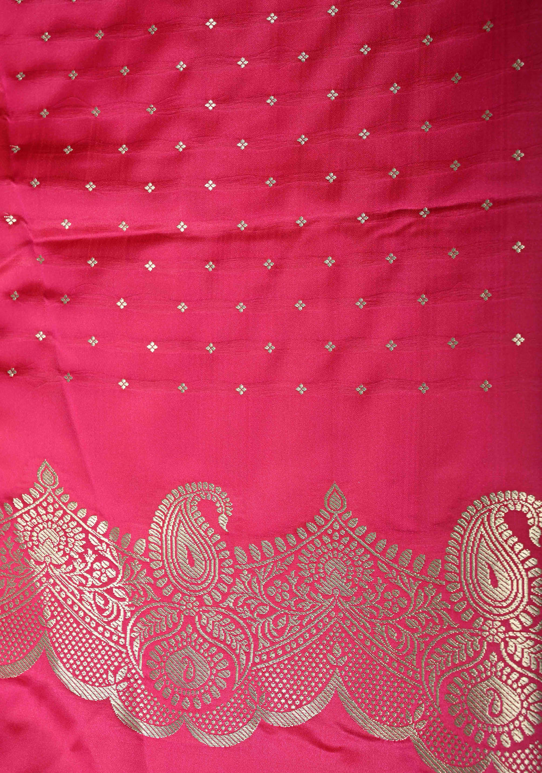 Hot Pink Banarasi Semi Mashru Silk Saree with Meenakari Zari Buttas and Floral Scallop Zari Border