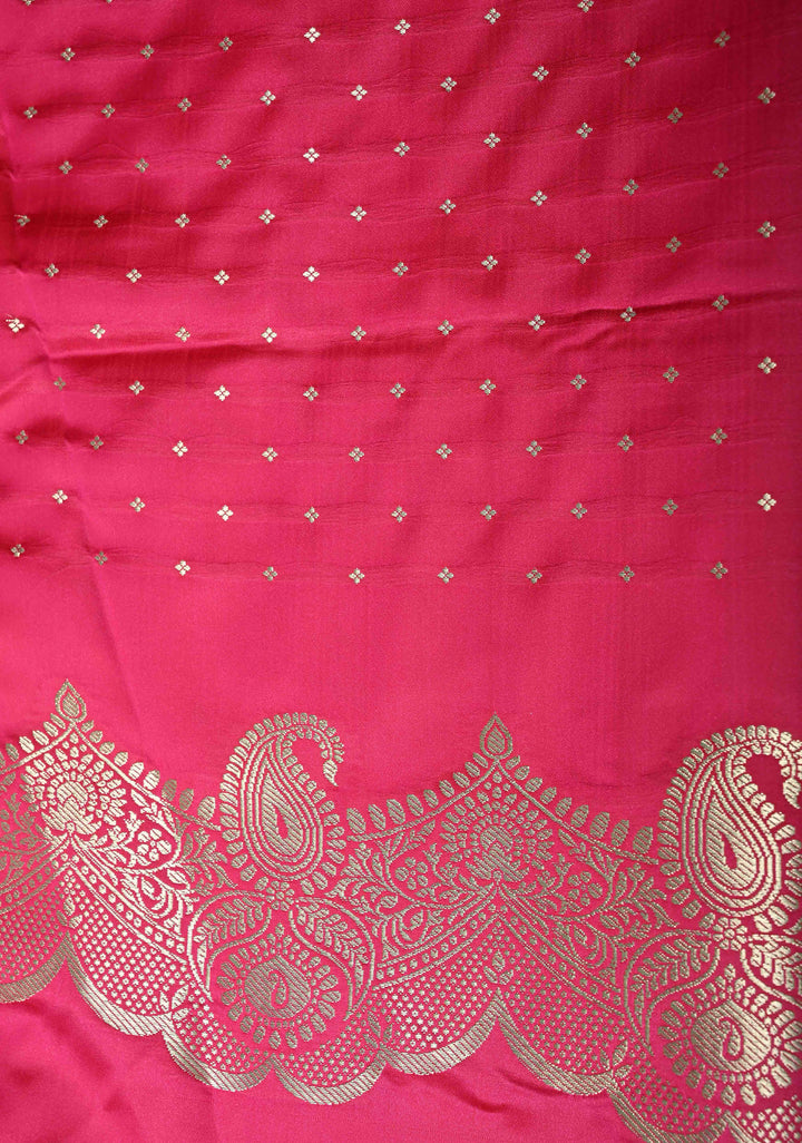 Hot Pink Banarasi Semi Mashru Silk Saree with Meenakari Zari Buttas and Floral Scallop Zari Border