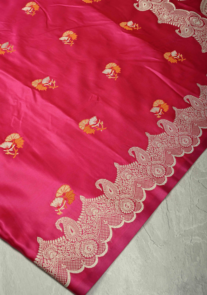 Hot Pink Banarasi Semi Mashru Silk Saree with Meenakari Zari Buttas and Floral Scallop Zari Border