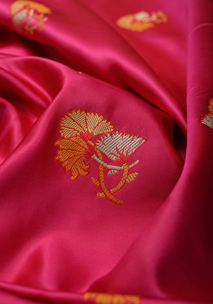 Hot Pink Banarasi Semi Mashru Silk Saree with Meenakari Zari Buttas and Floral Scallop Zari Border