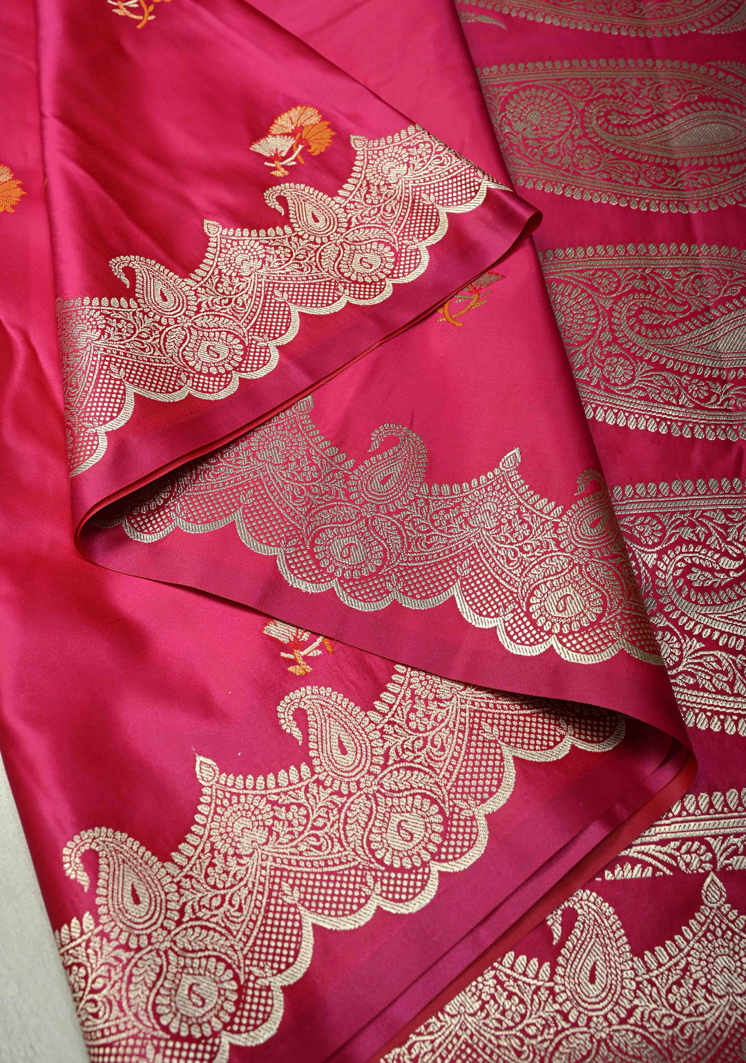 Hot Pink Banarasi Semi Mashru Silk Saree with Meenakari Zari Buttas and Floral Scallop Zari Border