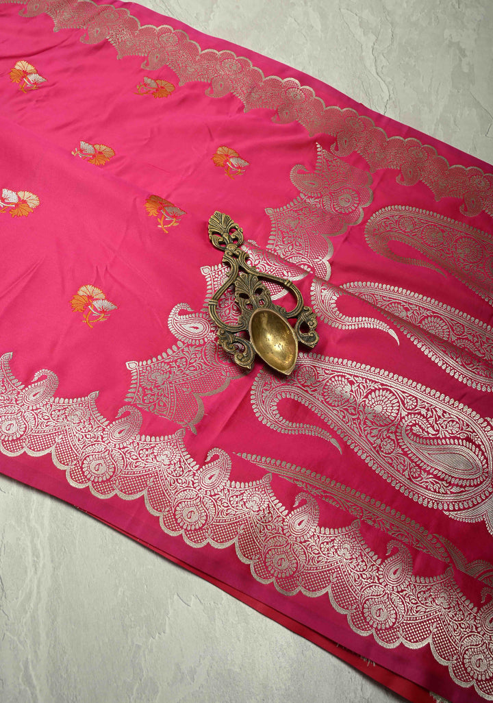 Hot Pink Banarasi Semi Mashru Silk Saree with Meenakari Zari Buttas and Floral Scallop Zari Border