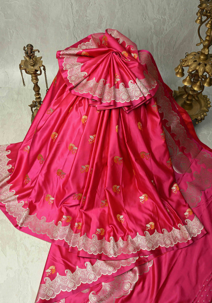 Hot Pink Banarasi Semi Mashru Silk Saree with Meenakari Zari Buttas and Floral Scallop Zari Border