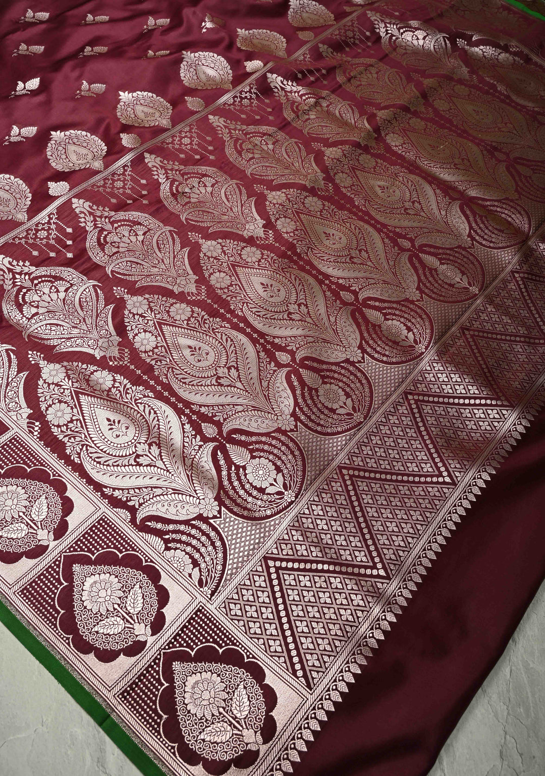 Kanchana Banarasi Semi Mashru Silk Saree with Zari Buttas and Floral Zari Border
