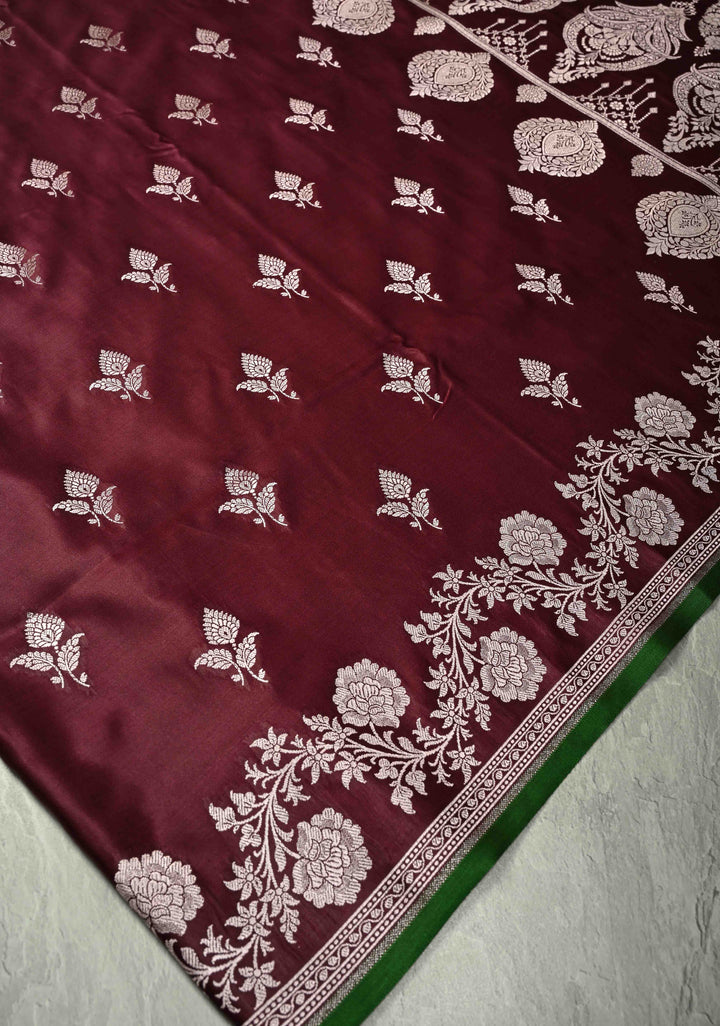 Kanchana Banarasi Semi Mashru Silk Saree with Zari Buttas and Floral Zari Border