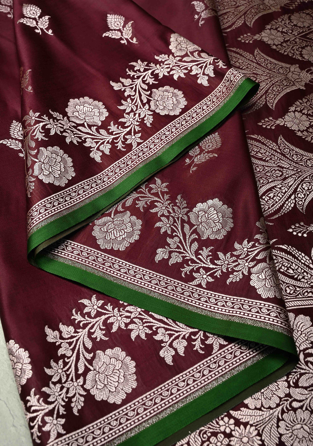 Kanchana Banarasi Semi Mashru Silk Saree with Zari Buttas and Floral Zari Border
