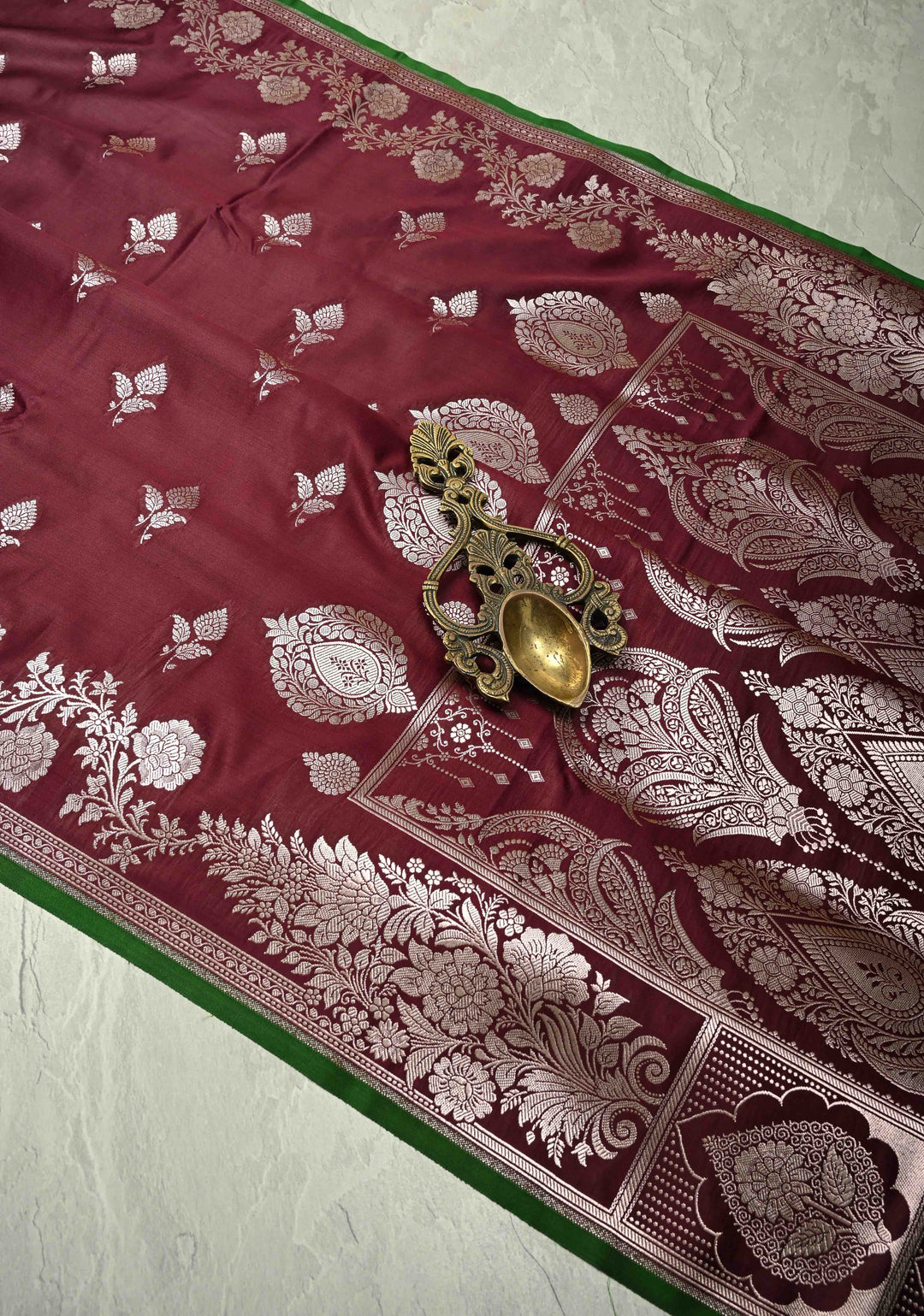 Kanchana Banarasi Semi Mashru Silk Saree with Zari Buttas and Floral Zari Border