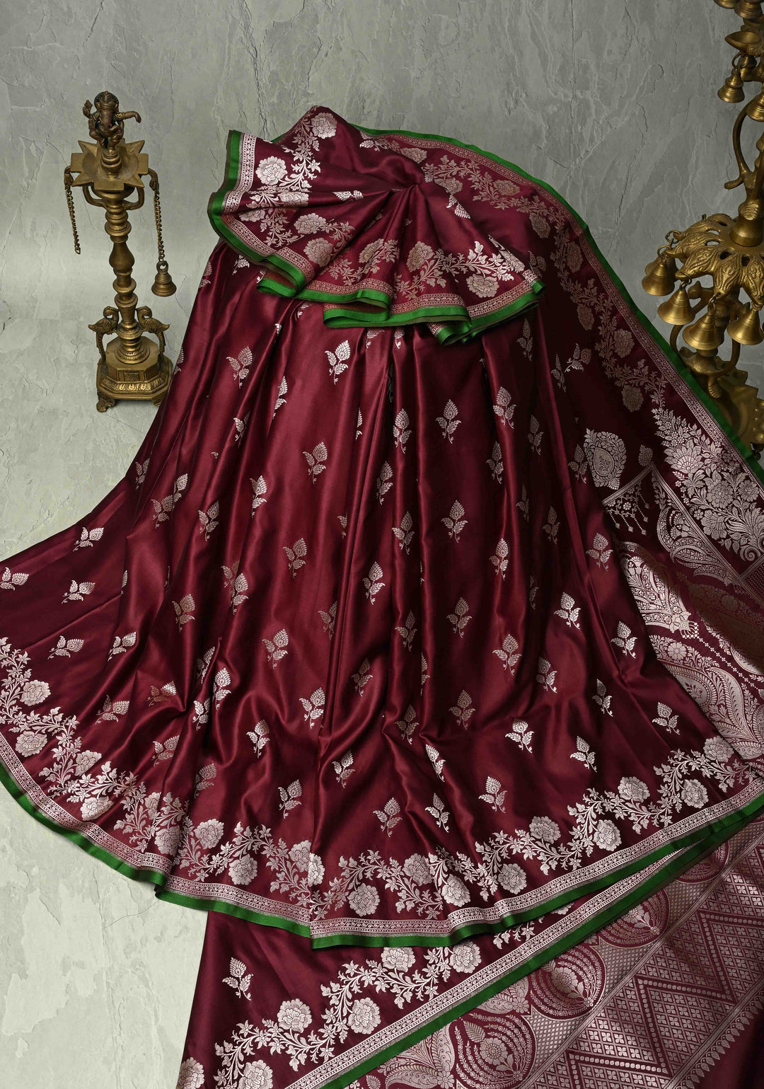Kanchana Banarasi Semi Mashru Silk Saree with Zari Buttas and Floral Zari Border