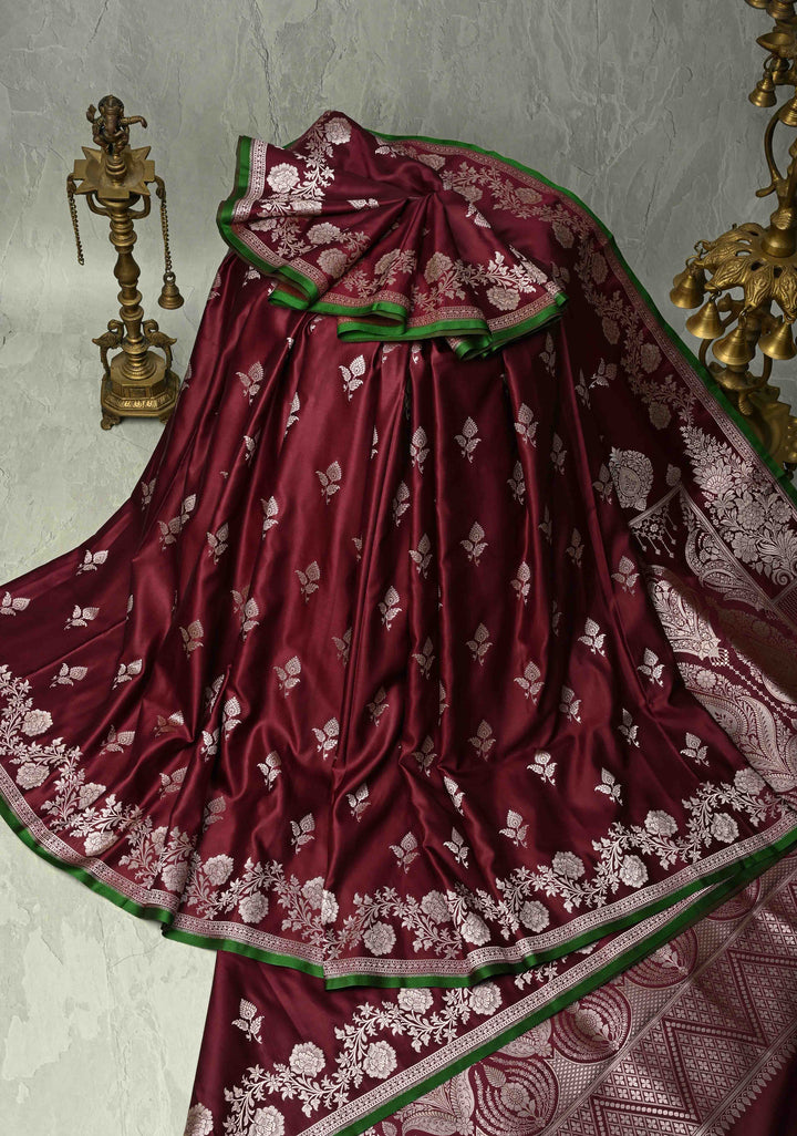 Kanchana Banarasi Semi Mashru Silk Saree with Zari Buttas and Floral Zari Border
