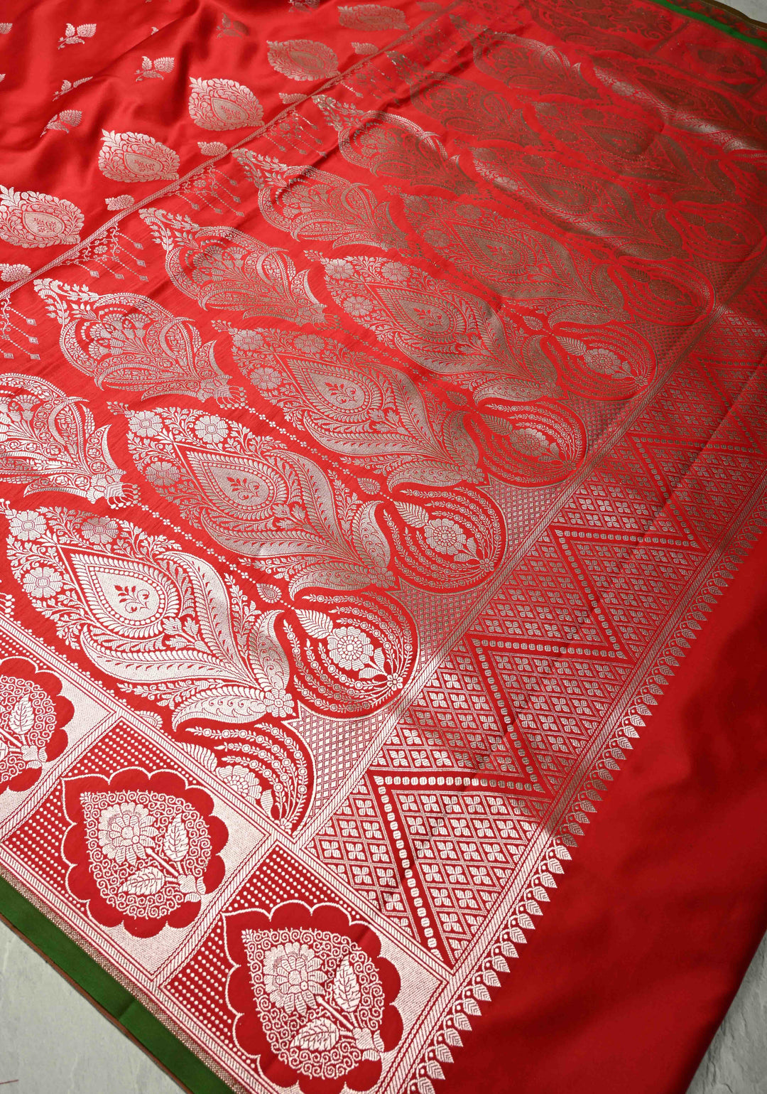 Chilli Red Banarasi Semi Mashru Silk Saree with Floral Silver Zari Buttas and Zari Border