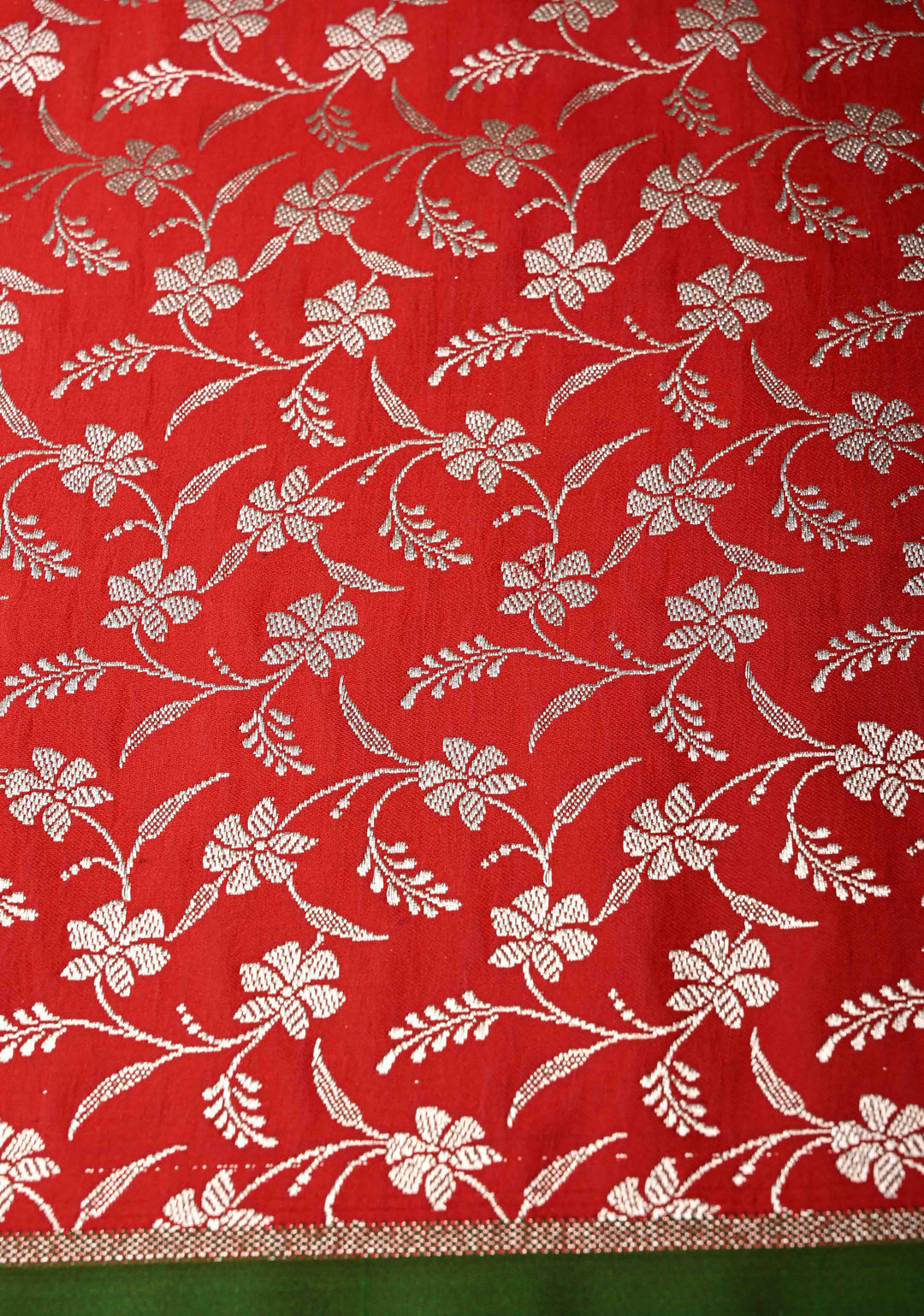 Chilli Red Banarasi Semi Mashru Silk Saree with Floral Silver Zari Buttas and Zari Border