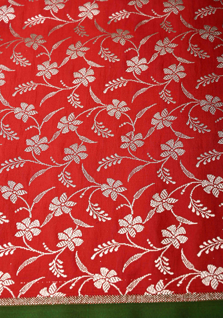 Chilli Red Banarasi Semi Mashru Silk Saree with Floral Silver Zari Buttas and Zari Border