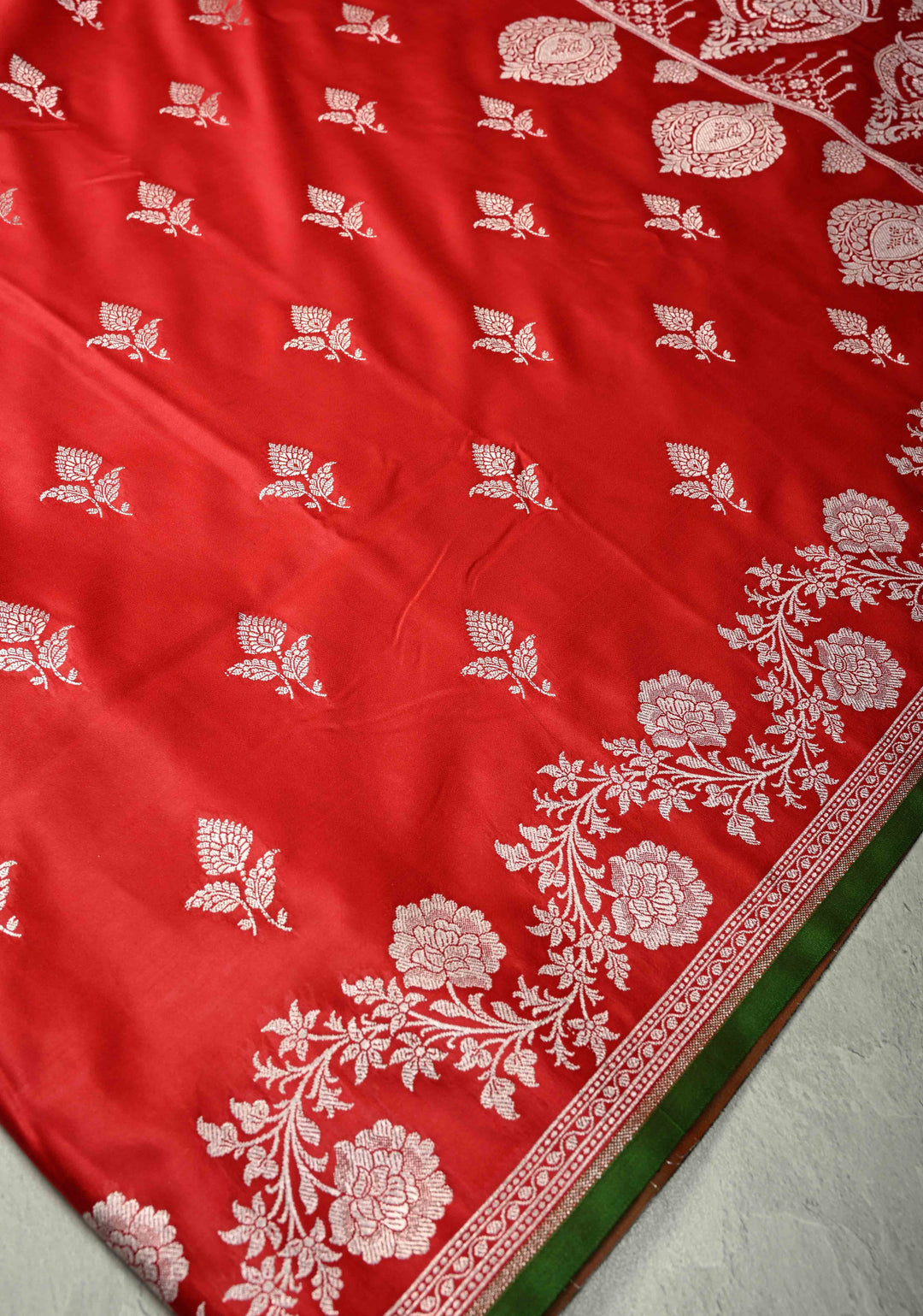 Chilli Red Banarasi Semi Mashru Silk Saree with Floral Silver Zari Buttas and Zari Border