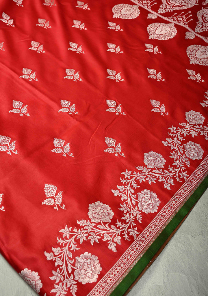 Chilli Red Banarasi Semi Mashru Silk Saree with Floral Silver Zari Buttas and Zari Border