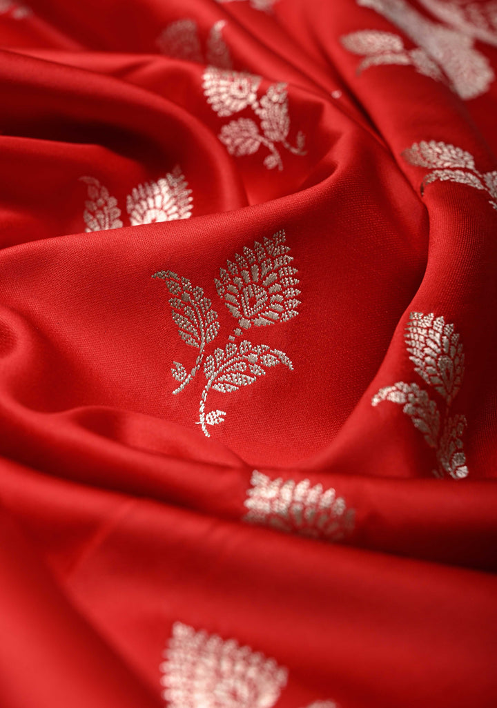 Chilli Red Banarasi Semi Mashru Silk Saree with Floral Silver Zari Buttas and Zari Border