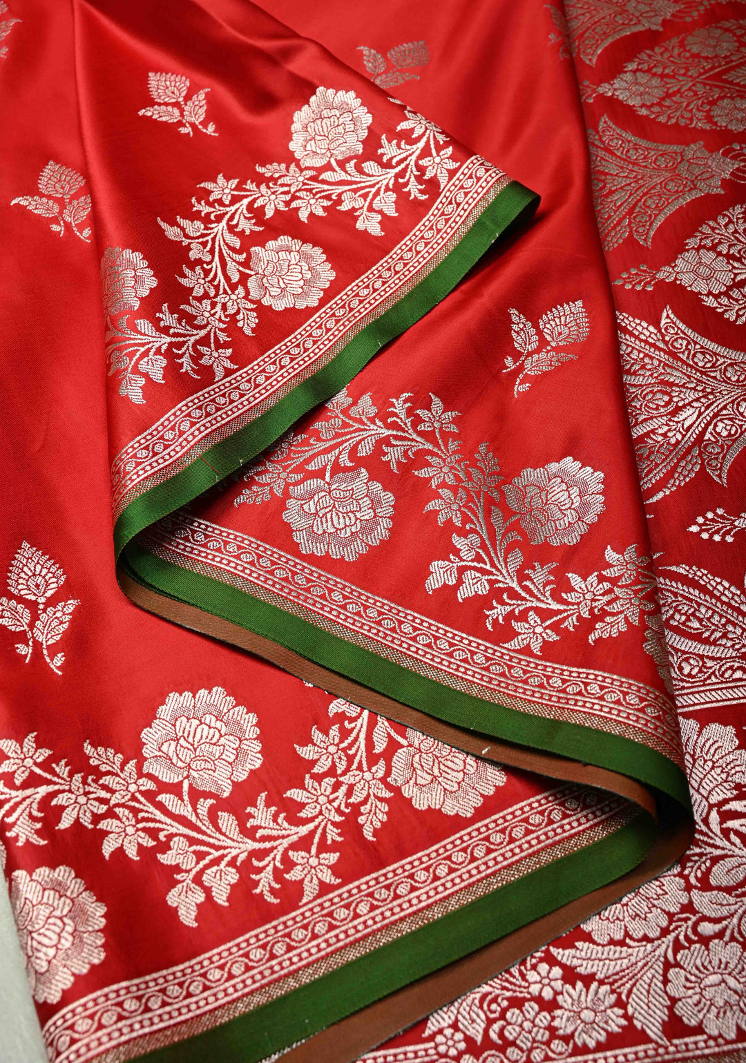 Chilli Red Banarasi Semi Mashru Silk Saree with Floral Silver Zari Buttas and Zari Border
