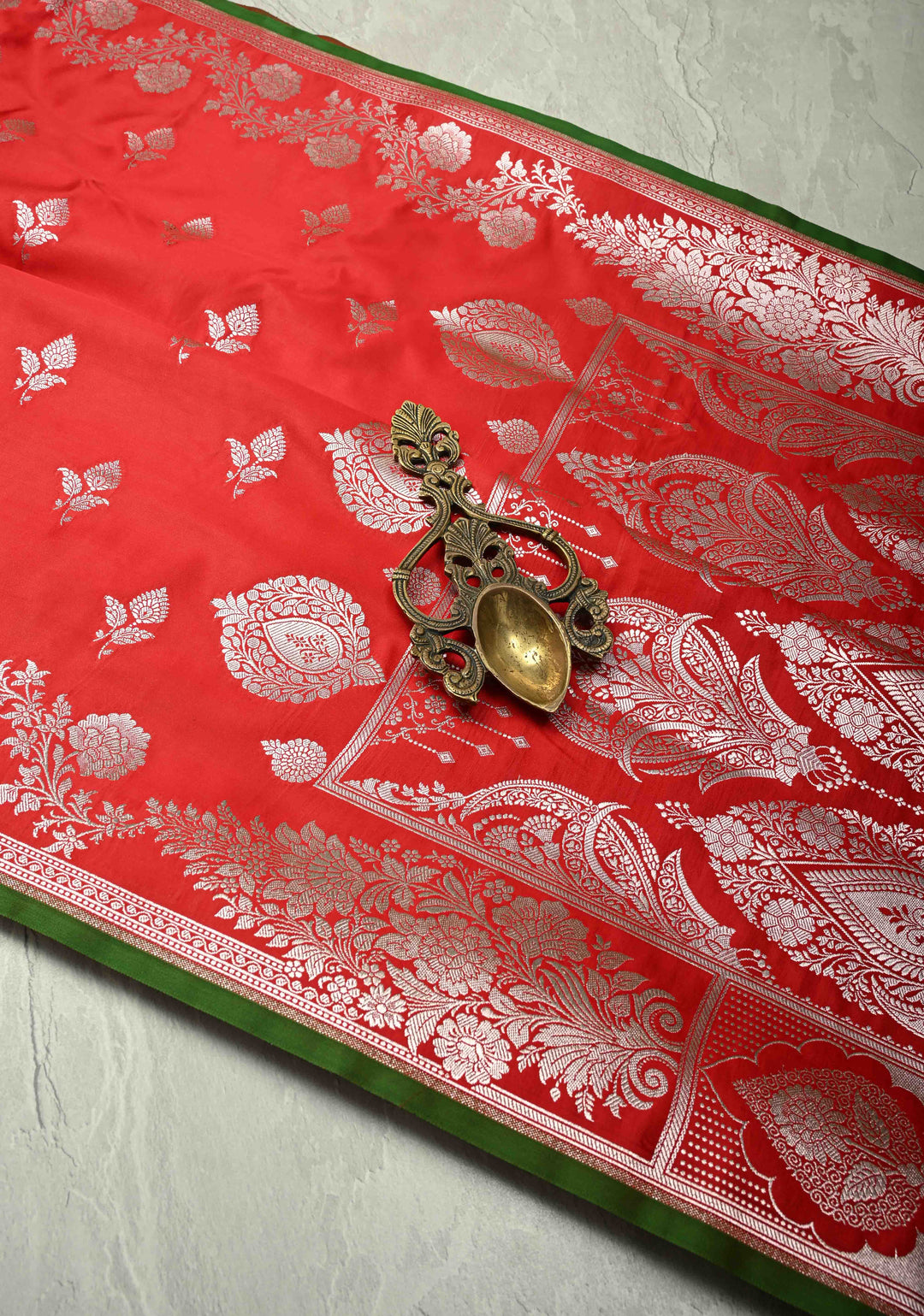 Chilli Red Banarasi Semi Mashru Silk Saree with Floral Silver Zari Buttas and Zari Border