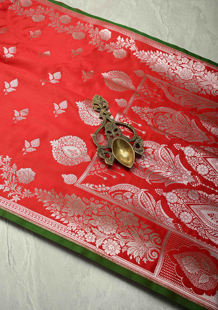 Chilli Red Banarasi Semi Mashru Silk Saree with Floral Silver Zari Buttas and Zari Border