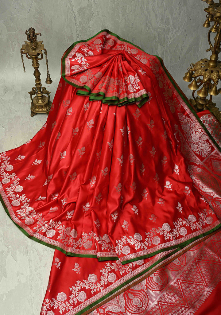 Chilli Red Banarasi Semi Mashru Silk Saree with Floral Silver Zari Buttas and Zari Border