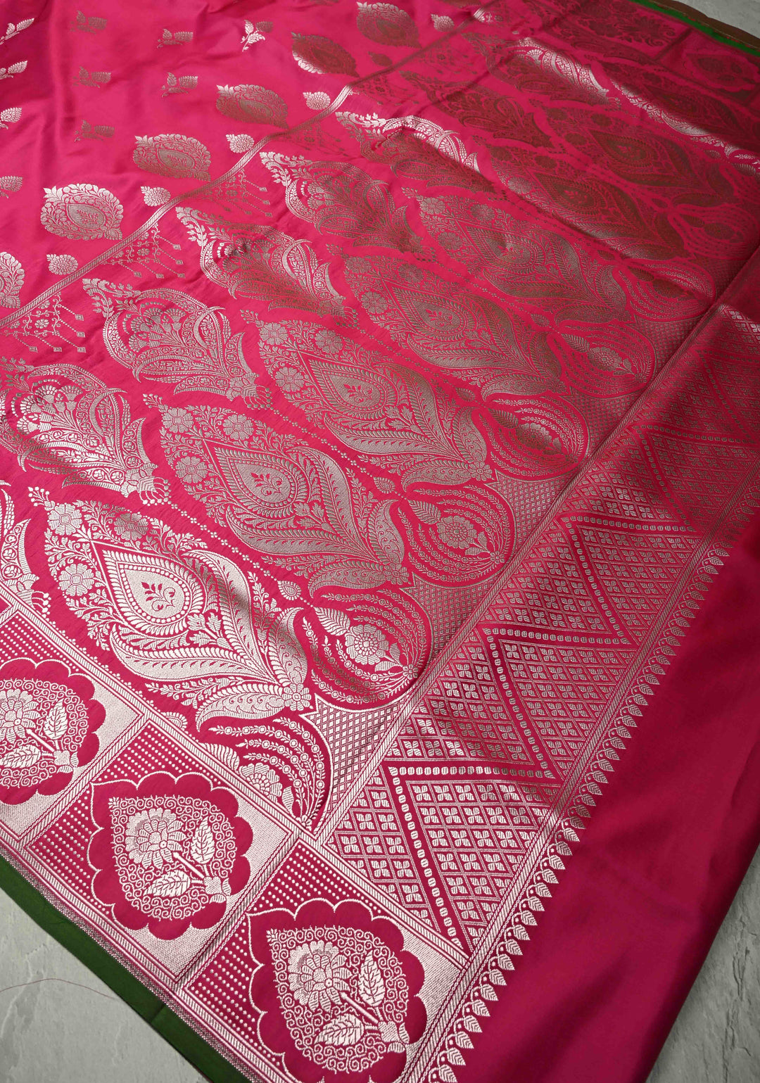 Dark Pink Banarasi Semi Mashru Silk Saree with Silver Zari Buttas and Floral Zari Border