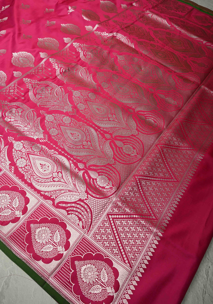 Dark Pink Banarasi Semi Mashru Silk Saree with Silver Zari Buttas and Floral Zari Border