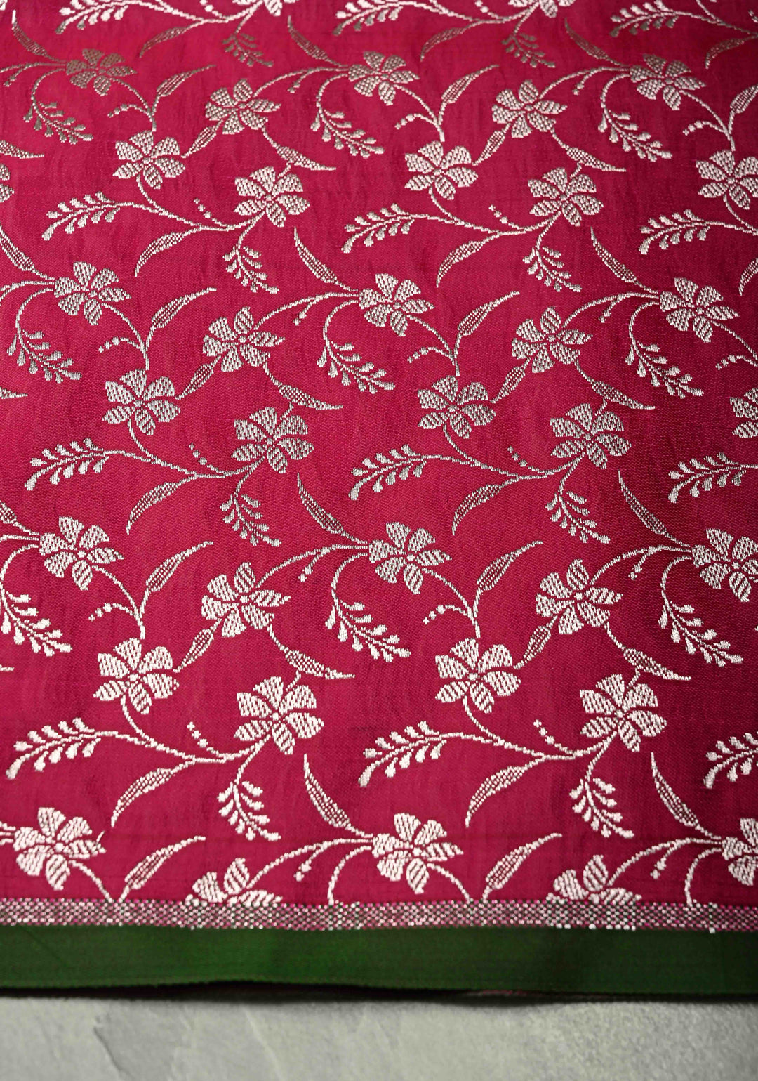 Dark Pink Banarasi Semi Mashru Silk Saree with Silver Zari Buttas and Floral Zari Border