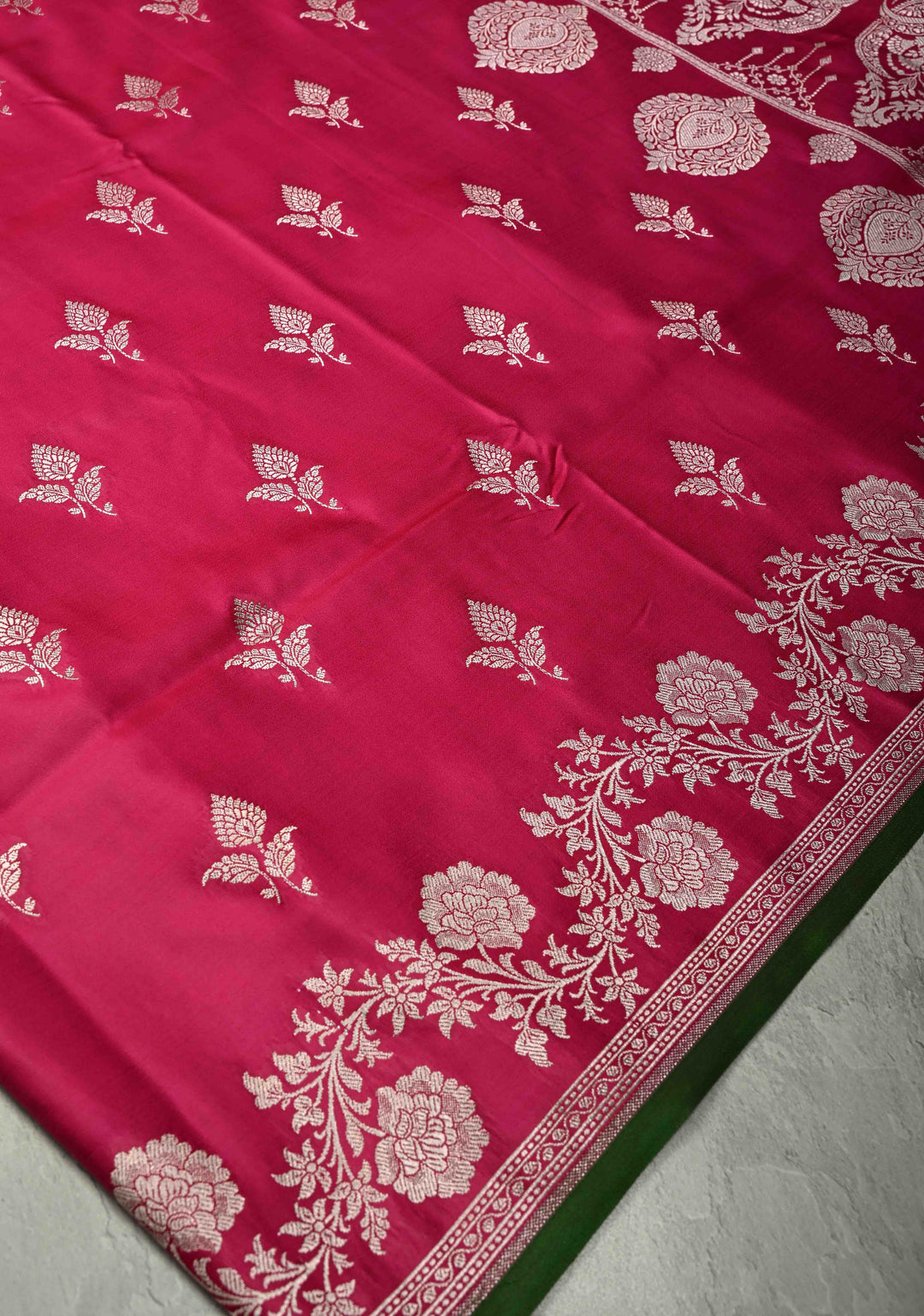 Dark Pink Banarasi Semi Mashru Silk Saree with Silver Zari Buttas and Floral Zari Border