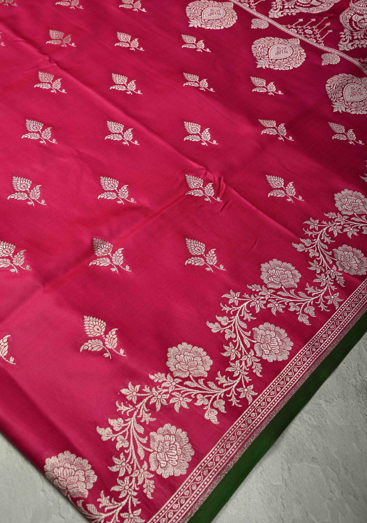 Dark Pink Banarasi Semi Mashru Silk Saree with Silver Zari Buttas and Floral Zari Border