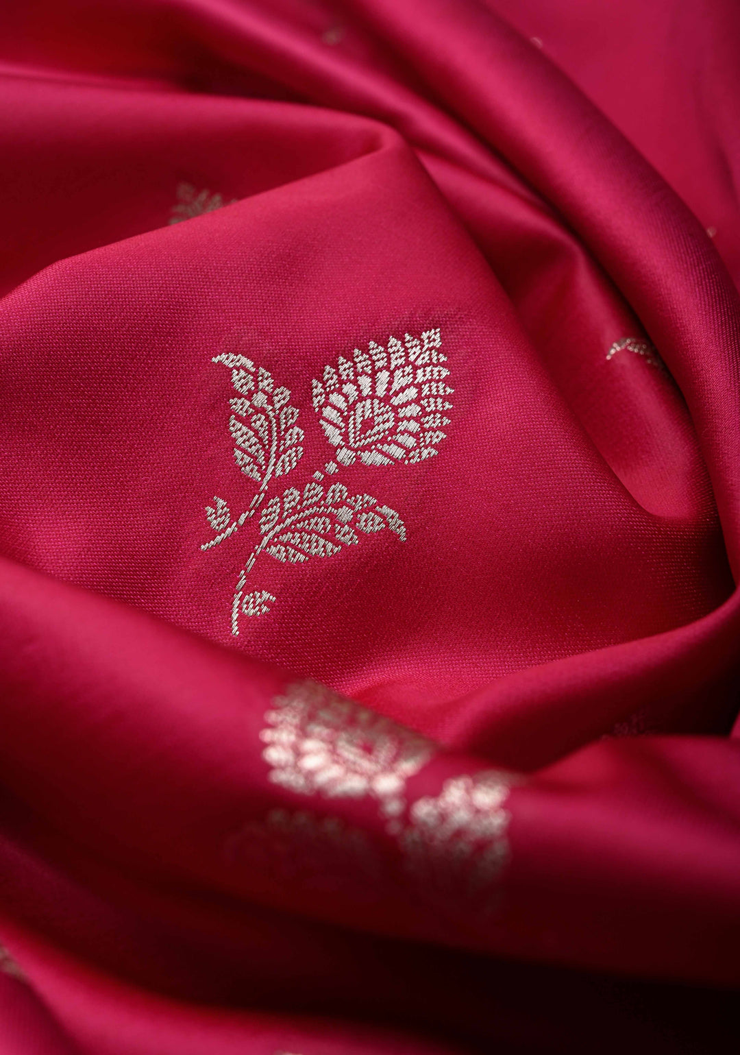 Dark Pink Banarasi Semi Mashru Silk Saree with Silver Zari Buttas and Floral Zari Border